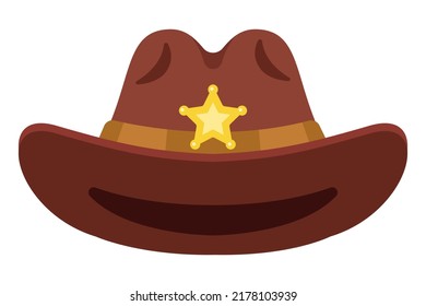 Brown Cowboy Hat With Gold Sheriff Badge. Flat Vector Illustration.