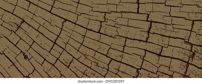 Brown cracked background, rustic style. Background features brown earthy tones. Background texture resembles dried mud or bark. Cracked texture vintage background vector