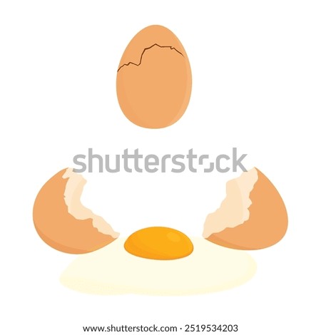 Brown cracked chicken egg isolated on white background. Broken egg with cracks. Broken egg shells with flowed out yolk. Vector illustration