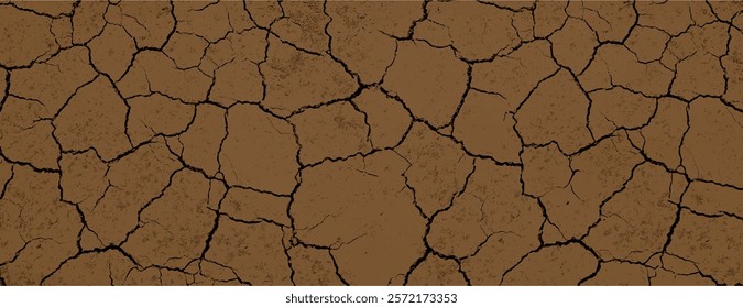 Brown cracked earth background, with a dry, textured style. The background features brown tones and a rugged, natural appearance. Dry cracked soil texture background. Brown background vector.