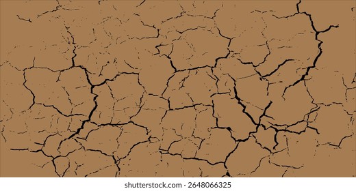 Brown cracked earth background, with a dry, textured style. The background features brown tones and a rugged, natural appearance. Dry cracked soil texture background. Brown background vector.