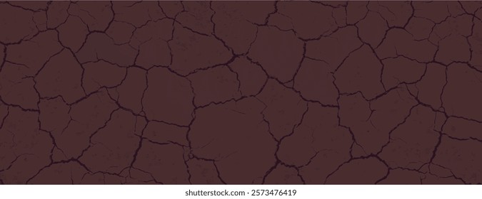 Brown cracked earth background, earthy texture. The background features deep brown tones with a rugged, cracked pattern throughout. Dry cracked soil texture background. Red background vector.