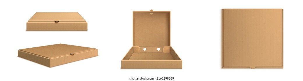 Brown craft cardboard pizza box 3d realistic vector. Open empty and closed carton package for delivery fast food, top side view isolated mockup illustration on white background