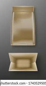 Brown craft doy pack, pouch paper or golden foil bag top and front view. Close and open sachet with clip isolated on grey background. Food, cosmetic product blank package realistic vector illustration