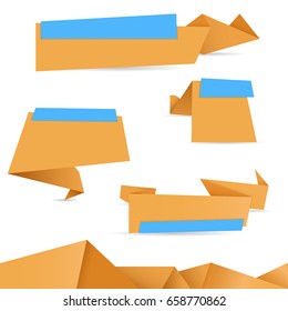 Brown craft origami paper banners with blue tags. Vector 3d illustration isolated on white background