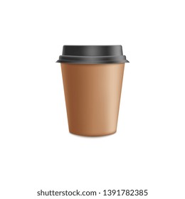 Brown craft paper coffee cup mockup in 3d realistic vector illustration - blank mug with black plastic lid for cafe or restaurant brand identity design isolated on white background.