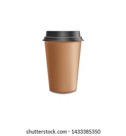 Brown craft paper coffee to go mockup in 3d realistic vector illustration. Blank cardboard cup with black plastic lid for cafe or restaurant brand identity design isolated on white background.