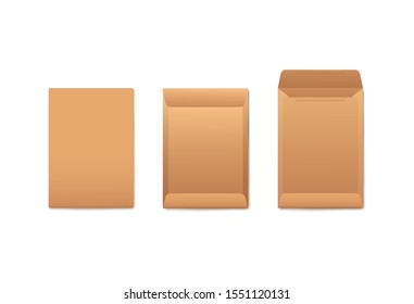 Brown craft paper envelope set, realistic mockup of blank letter holder for mail post in front, back view open and closed. Template for business document design, isolated vector illustration - Shutterstock ID 1551120131