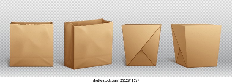 Brown craft paper lunch bag package for takeaway chinese food. Take away box pack for noodle or pasta icon. Empty 3d carton square container mock up, candy branding design on transparent background