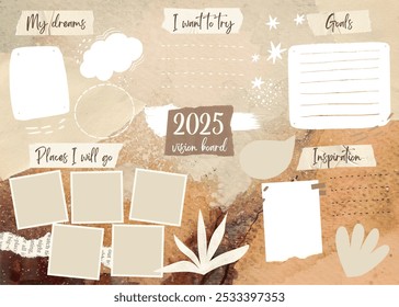 Brown Craft Paper New Year's Resolution Vision Board Poster, Rustic Aesthetic, Inspirational Design Elements, Perfect for Goal Setting and Motivation, Ideal for Home or Office Decor