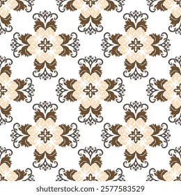 Brown and cream background, classic traditional damask ornament, seamless pattern, vector illustration. Design for elaborate borders, tiles, ceramic pottery, and clothing.