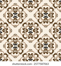 Brown and cream background, classic traditional damask vintage ornament, seamless pattern, vector illustration. Design for curtains, carpets, tiles, ceramic pottery, and clothing. 