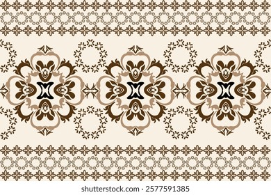 Brown and cream background, classic traditional damask vintage ornament, seamless pattern, vector illustration. Design for elaborate borders, tiles, ceramic pottery, and clothing. 