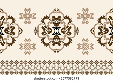 Brown and cream background, classic traditional damask vintage ornament, seamless pattern, vector illustration. Design for elaborate borders, tiles, ceramic pottery, and clothing. 