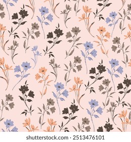 brown cream blue and orange seamless floral vector flowers leaves bunches pattern on pink background