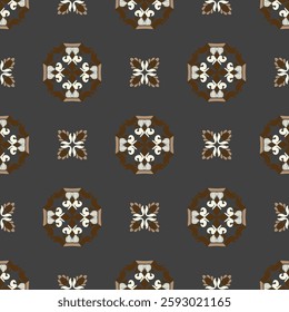 Brown and cream on black background ethnic boho seamless pattern. Ethno ornament. Traditional barogue repeatable background. Fabric design, textiles, wallpaper, wrapping tiles, and pottery.