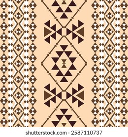 Brown and cream seamless African, Navajo, native American pattern ethnic ornament on the carpet, curtains, wallpaper, and textiles. Aztec style. Tribal motif. Vector illustration.