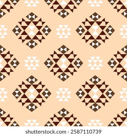 Brown and cream seamless African, Navajo, native American pattern ethnic ornament on the carpet. Aztec style. Tribal motif. Vector pattern for wallpaper, curtains, and textiles.