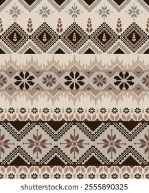 Brown and Cream seamless ethnic pattern. Ethnic pixel pattern with Nordic flowers , snow for winter scarf , cloth , sweater. Sarong and Saree pattern.