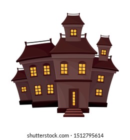 Brown creepy house with a small tower on the roof. Vector illustration.