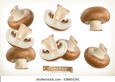 Brown cremini mushroom. 3d vector icon set isolated on white