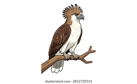 Brown crested serpent eagle perched securely on a tree branch displaying detailed feathers and a sharp predatory gaze.