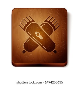 Brown Crossed electrical hair clipper or shaver icon isolated on white background. Barbershop symbol. Wooden square button. Vector Illustration