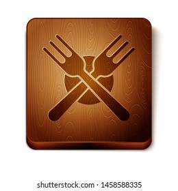 Brown Crossed fork icon isolated on white background. Cutlery symbol. Wooden square button. Vector Illustration