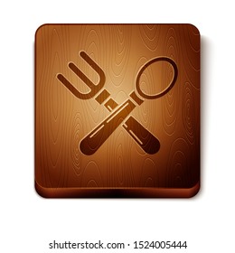 Brown Crossed fork and spoon icon isolated on white background. Cooking utensil. Cutlery sign. Wooden square button. Vector Illustration