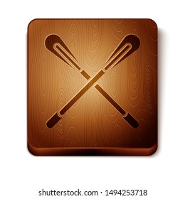 Brown Crossed paddle icon isolated on white background. Paddle boat oars. Wooden square button. Vector Illustration