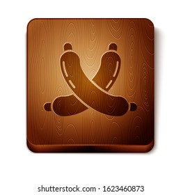 Brown Crossed sausage icon isolated on white background. Grilled sausage and aroma sign. Wooden square button. Vector Illustration