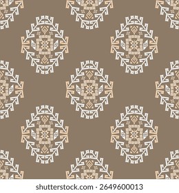 Ponto de cruz marrom padrão étnico boho sem costura. Ornamento tradicional. Padrão tribal. Motivo popular. Ideias para papel de parede, têxteis, quebra automática de papel e planos de fundo de páginas da Web. Padrão de pixel.