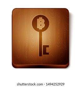 Brown Cryptocurrency Bitcoin key icon isolated on white background. Concept of cyber security or digital key with technology interface. Wooden square button. Vector Illustration