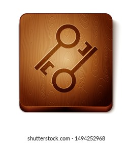 Brown Cryptocurrency key icon isolated on white background. Concept of cyber security or private key, digital key with technology interface. Wooden square button. Vector Illustration