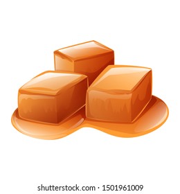 brown cube caramel candy and caramel sauce isolated on white background