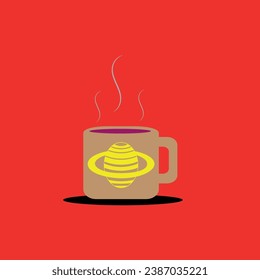 The brown cup in the background and the yellow planet pattern in front of it