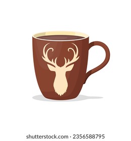 brown cup with cocoa. mug with a deer. new year's mug. vector image on a white background.