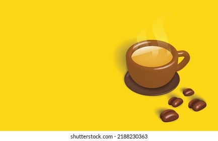 A brown cup with coffee inside is placed on a brown plate with coffee beans next to the coffee cup. yellow background