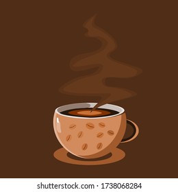 Brown cup of coffee with smoke, Idea concept.The coffee cup has a coffee bean shape.Separate objects from brown background.Flat Style. Decorative Design for Cafeteria, Posters, Banners, Cards