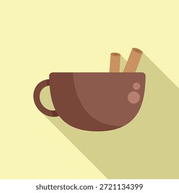 Brown cup containing a hot beverage with cinnamon sticks resting inside, in flat design with long shadow