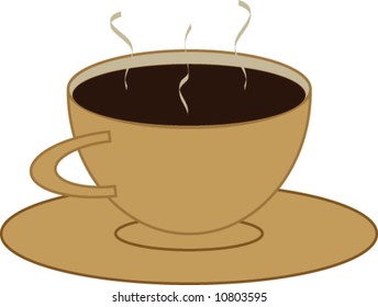 Brown cup of hot coffee on saucer