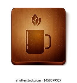 Brown Cup of tea and leaf icon isolated on white background. Wooden square button. Vector Illustration
