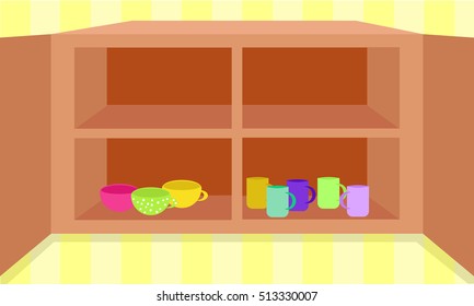 Brown cupboard with colored cups. in the kitchen, on the yellow background wallpaper.
