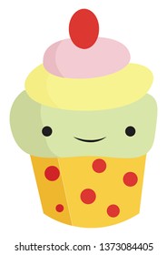 A brown cupcake with chocolate chips on the top placed in a green holder vector color drawing or illustration 