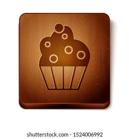 Brown Cupcake icon isolated on white background. Wooden square button. Vector Illustration