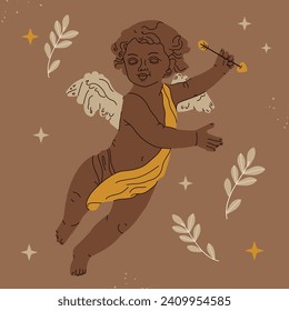 Brown cupid or cherub with arrow and wings flying isolated.Valentine's Day, wedding,romantic holiday concept.Ideal for logo,icon,t-shirt print template or for cards,14 february holiday sale.Vector