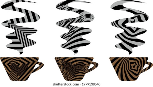 brown cups and wavy steam modern icons in op art style for coffee shop
