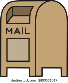 Brown curbside mailbox with a mail slot and a letter sign, representing postal mail, delivery, correspondence and a mailing service