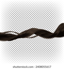 Brown curly female hair. A healthy shiny strand isolated on transparent background. 3D vector realistic illustration. Brunette.