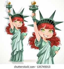 Brown curly hair girl dressed as the Statue of Liberty with torch